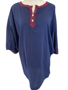 The Working Women Navy Blue 3/4 Sleeve Tunic Dress W/ Red Embroidery & Button De
